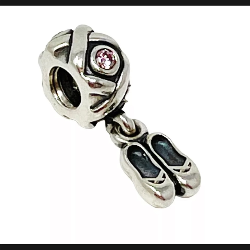 PANDORA 925 Sterling Silver Ballet Slippers Shoes Pink CZ Dangle Charm Bead